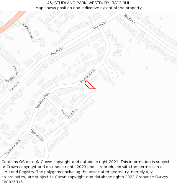 45, STUDLAND PARK, WESTBURY, BA13 3HL: Location map and indicative extent of plot
