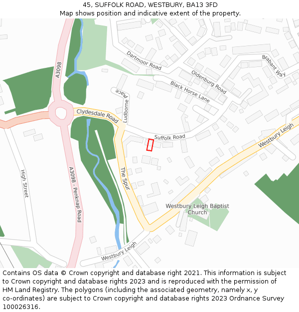 45, SUFFOLK ROAD, WESTBURY, BA13 3FD: Location map and indicative extent of plot