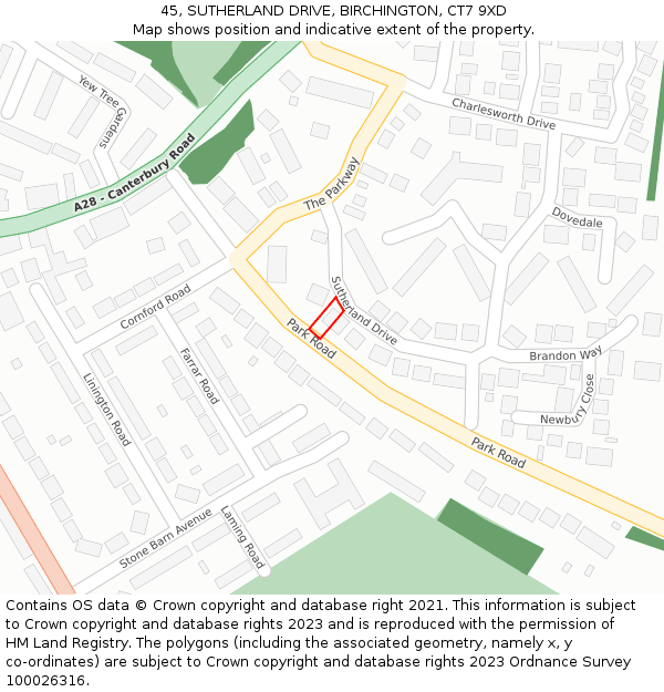 45, SUTHERLAND DRIVE, BIRCHINGTON, CT7 9XD: Location map and indicative extent of plot