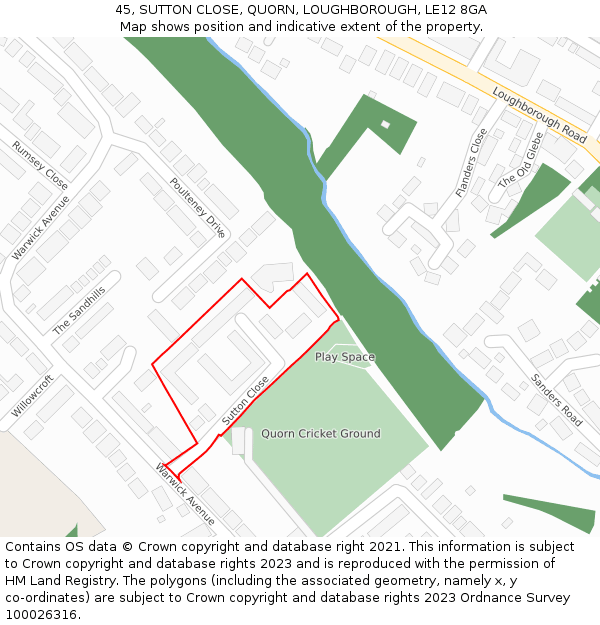 45, SUTTON CLOSE, QUORN, LOUGHBOROUGH, LE12 8GA: Location map and indicative extent of plot