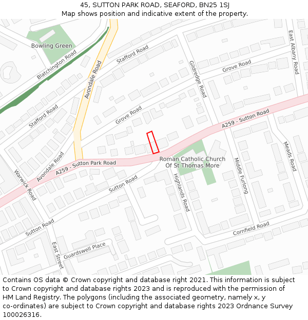 45, SUTTON PARK ROAD, SEAFORD, BN25 1SJ: Location map and indicative extent of plot