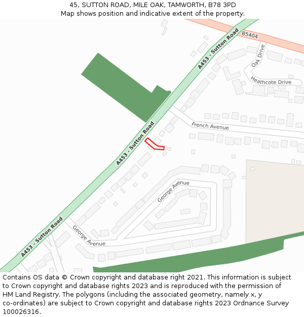 45, SUTTON ROAD, MILE OAK, TAMWORTH, B78 3PD: Location map and indicative extent of plot