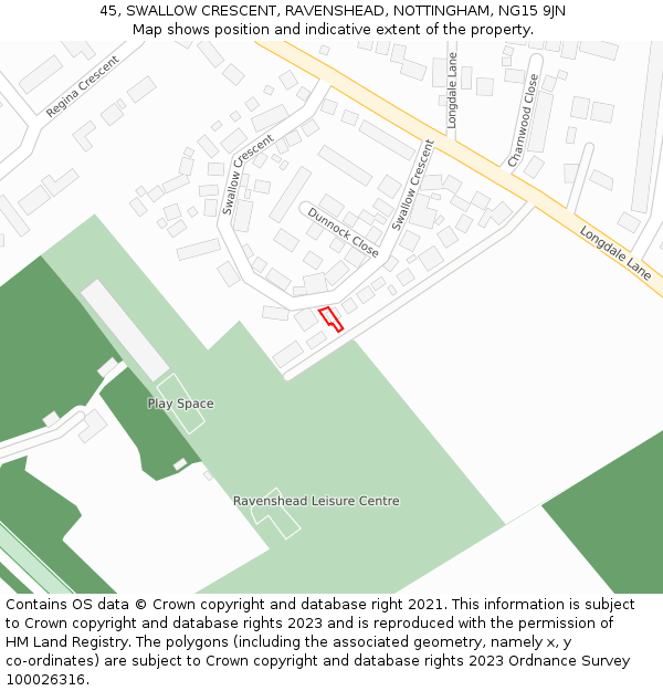 45, SWALLOW CRESCENT, RAVENSHEAD, NOTTINGHAM, NG15 9JN: Location map and indicative extent of plot