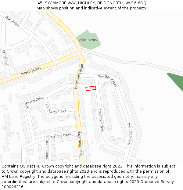 45, SYCAMORE WAY, HIGHLEY, BRIDGNORTH, WV16 6DQ: Location map and indicative extent of plot