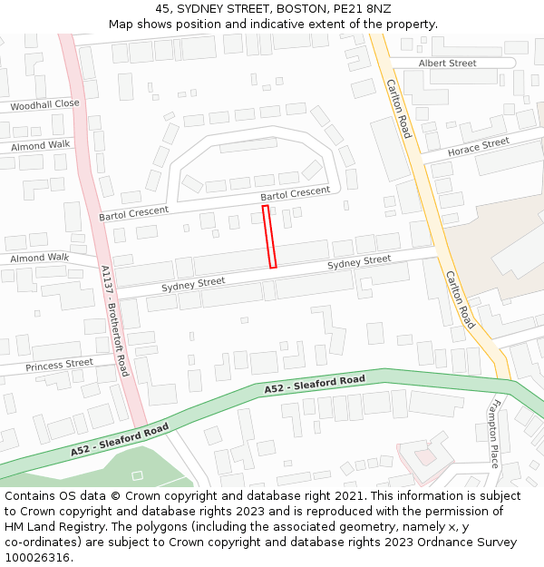 45, SYDNEY STREET, BOSTON, PE21 8NZ: Location map and indicative extent of plot