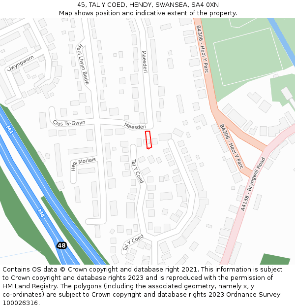 45, TAL Y COED, HENDY, SWANSEA, SA4 0XN: Location map and indicative extent of plot