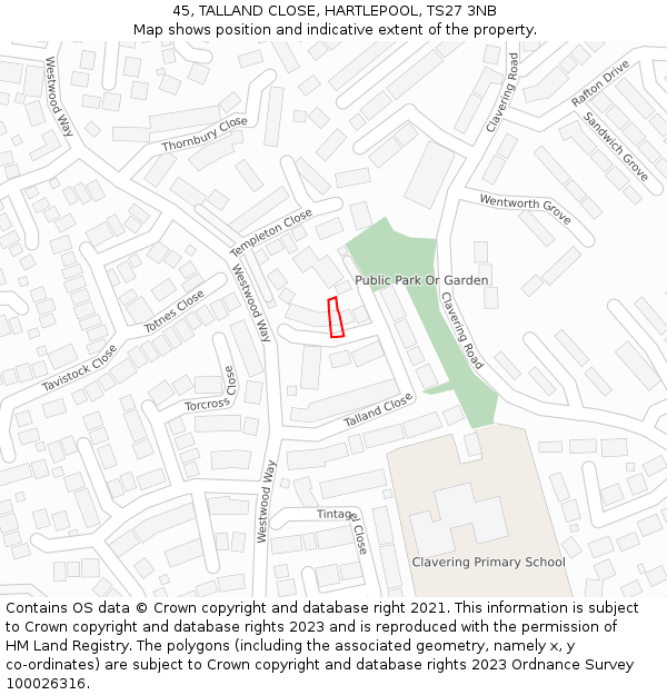 45, TALLAND CLOSE, HARTLEPOOL, TS27 3NB: Location map and indicative extent of plot