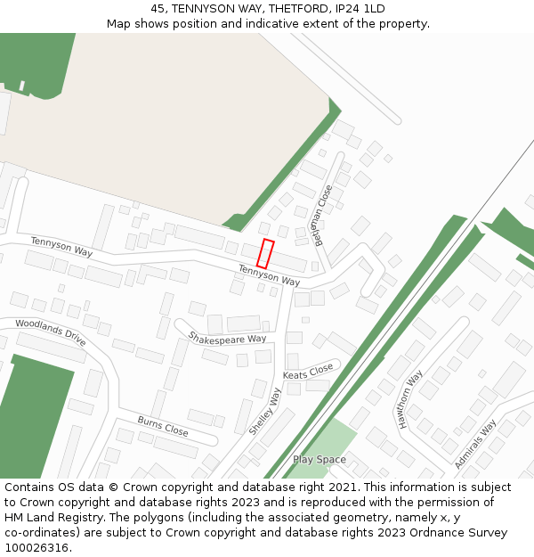 45, TENNYSON WAY, THETFORD, IP24 1LD: Location map and indicative extent of plot