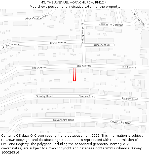 45, THE AVENUE, HORNCHURCH, RM12 4JJ: Location map and indicative extent of plot