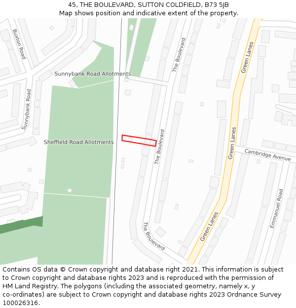 45, THE BOULEVARD, SUTTON COLDFIELD, B73 5JB: Location map and indicative extent of plot