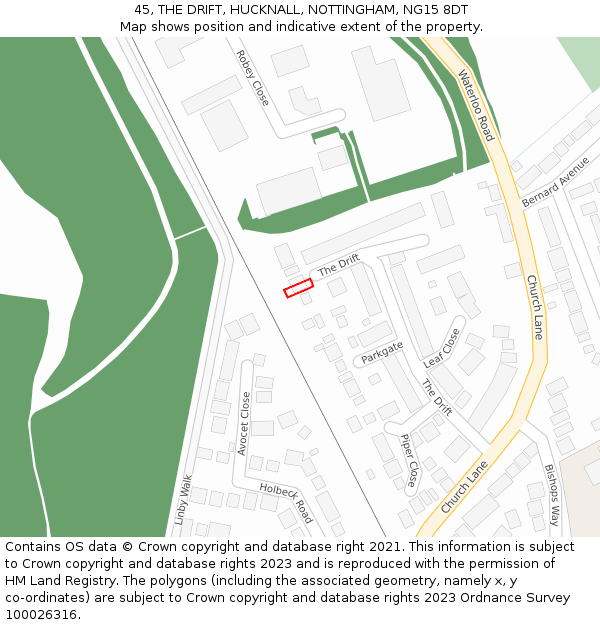 45, THE DRIFT, HUCKNALL, NOTTINGHAM, NG15 8DT: Location map and indicative extent of plot