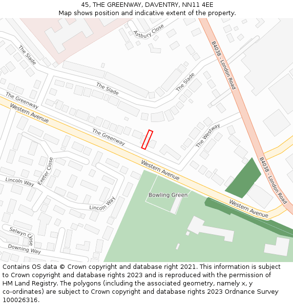 45, THE GREENWAY, DAVENTRY, NN11 4EE: Location map and indicative extent of plot