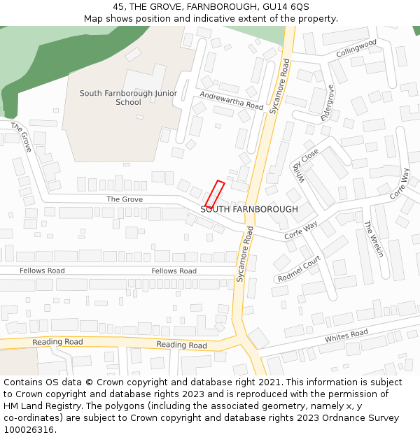 45, THE GROVE, FARNBOROUGH, GU14 6QS: Location map and indicative extent of plot