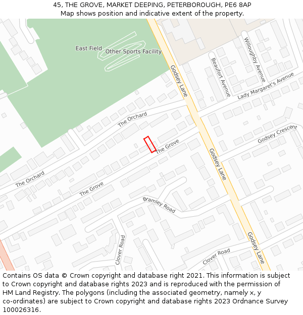 45, THE GROVE, MARKET DEEPING, PETERBOROUGH, PE6 8AP: Location map and indicative extent of plot