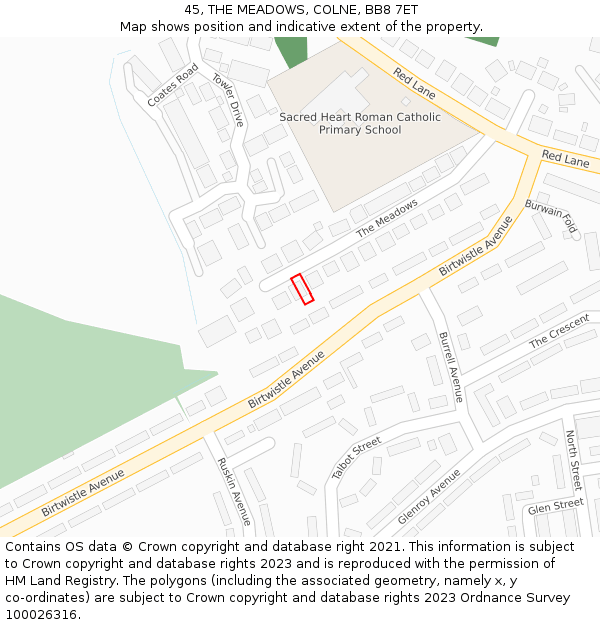 45, THE MEADOWS, COLNE, BB8 7ET: Location map and indicative extent of plot