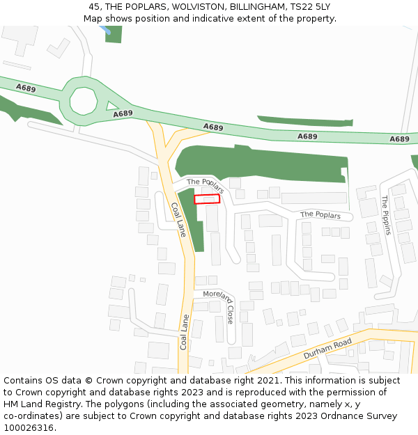 45, THE POPLARS, WOLVISTON, BILLINGHAM, TS22 5LY: Location map and indicative extent of plot