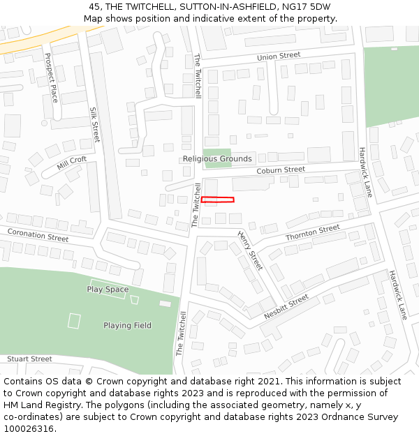 45, THE TWITCHELL, SUTTON-IN-ASHFIELD, NG17 5DW: Location map and indicative extent of plot