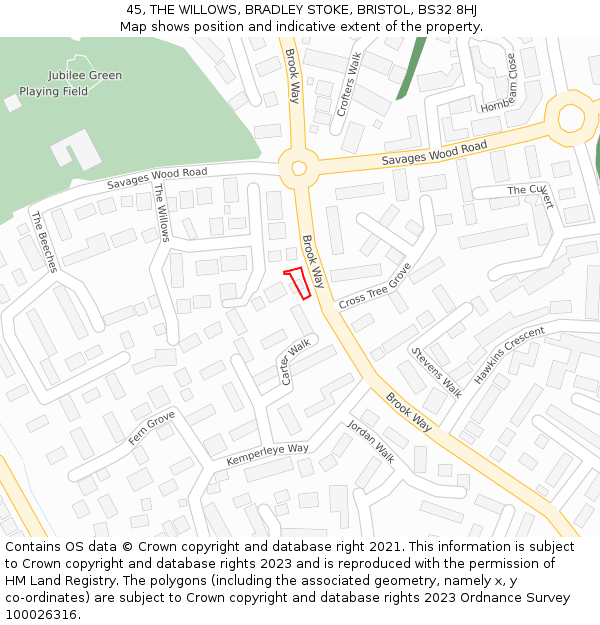 45, THE WILLOWS, BRADLEY STOKE, BRISTOL, BS32 8HJ: Location map and indicative extent of plot