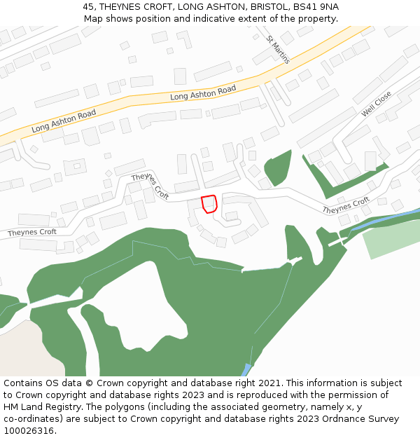 45, THEYNES CROFT, LONG ASHTON, BRISTOL, BS41 9NA: Location map and indicative extent of plot