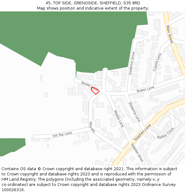 45, TOP SIDE, GRENOSIDE, SHEFFIELD, S35 8RD: Location map and indicative extent of plot