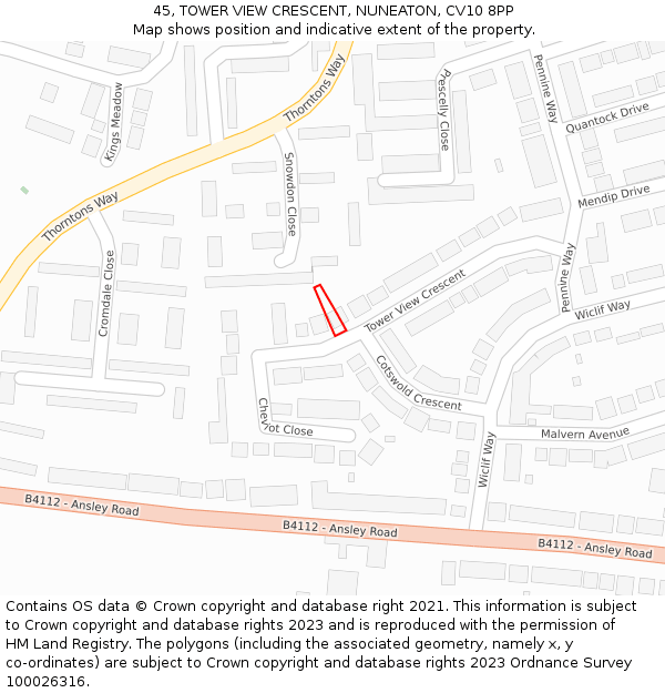 45, TOWER VIEW CRESCENT, NUNEATON, CV10 8PP: Location map and indicative extent of plot