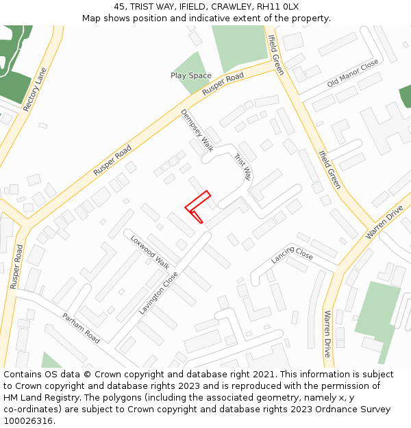 45, TRIST WAY, IFIELD, CRAWLEY, RH11 0LX: Location map and indicative extent of plot