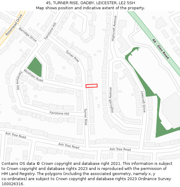 45, TURNER RISE, OADBY, LEICESTER, LE2 5SH: Location map and indicative extent of plot