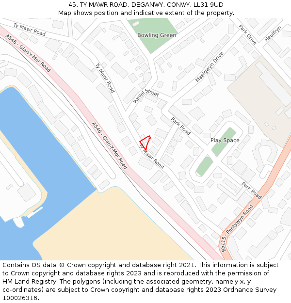45, TY MAWR ROAD, DEGANWY, CONWY, LL31 9UD: Location map and indicative extent of plot