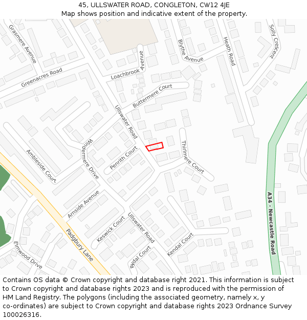 45, ULLSWATER ROAD, CONGLETON, CW12 4JE: Location map and indicative extent of plot