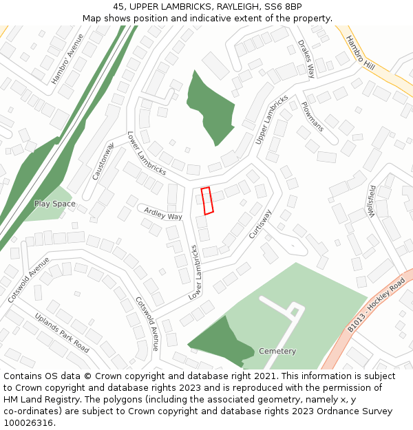 45, UPPER LAMBRICKS, RAYLEIGH, SS6 8BP: Location map and indicative extent of plot