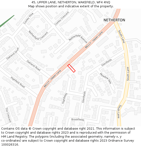 45, UPPER LANE, NETHERTON, WAKEFIELD, WF4 4NQ: Location map and indicative extent of plot