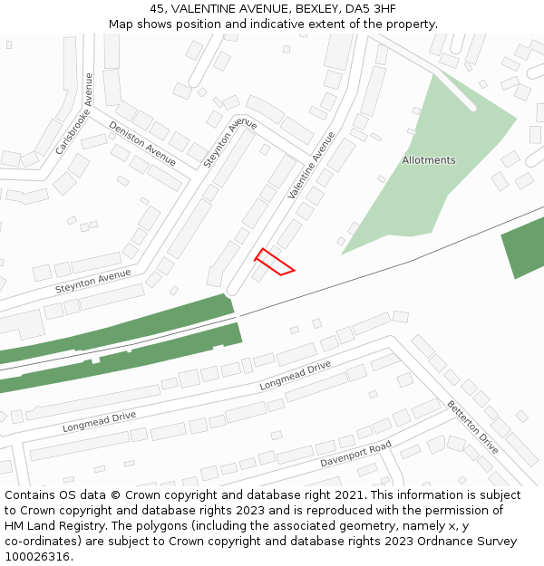 45, VALENTINE AVENUE, BEXLEY, DA5 3HF: Location map and indicative extent of plot