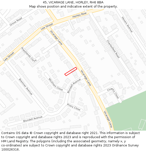 45, VICARAGE LANE, HORLEY, RH6 8BA: Location map and indicative extent of plot