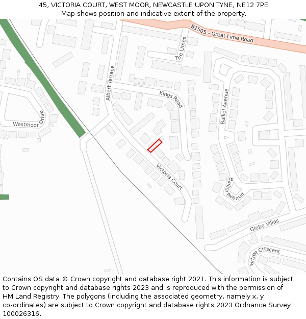 45, VICTORIA COURT, WEST MOOR, NEWCASTLE UPON TYNE, NE12 7PE: Location map and indicative extent of plot