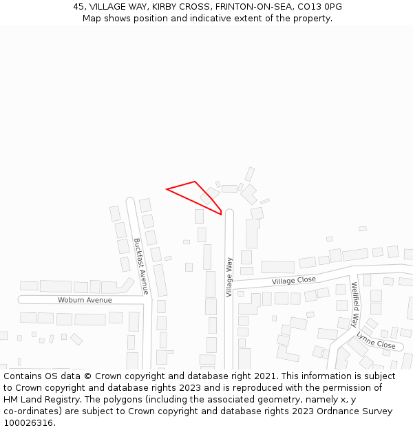 45, VILLAGE WAY, KIRBY CROSS, FRINTON-ON-SEA, CO13 0PG: Location map and indicative extent of plot