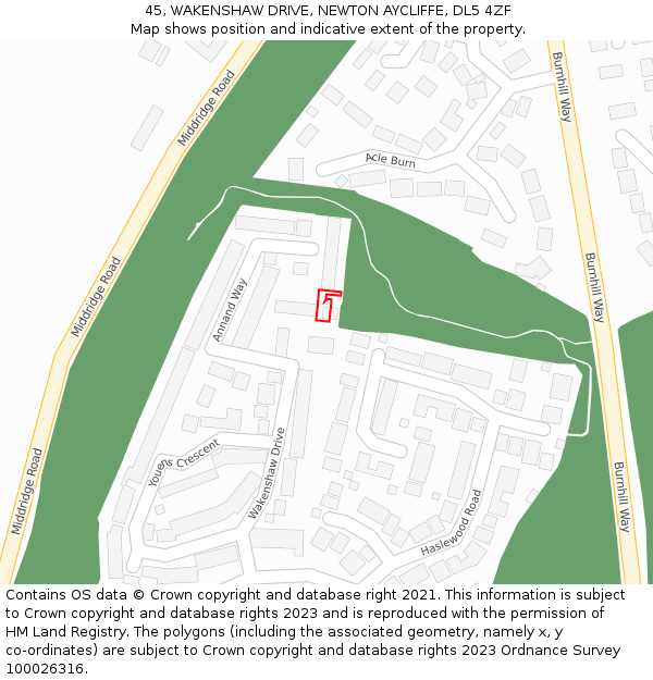 45, WAKENSHAW DRIVE, NEWTON AYCLIFFE, DL5 4ZF: Location map and indicative extent of plot