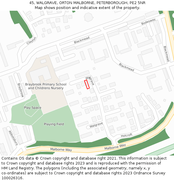 45, WALGRAVE, ORTON MALBORNE, PETERBOROUGH, PE2 5NR: Location map and indicative extent of plot