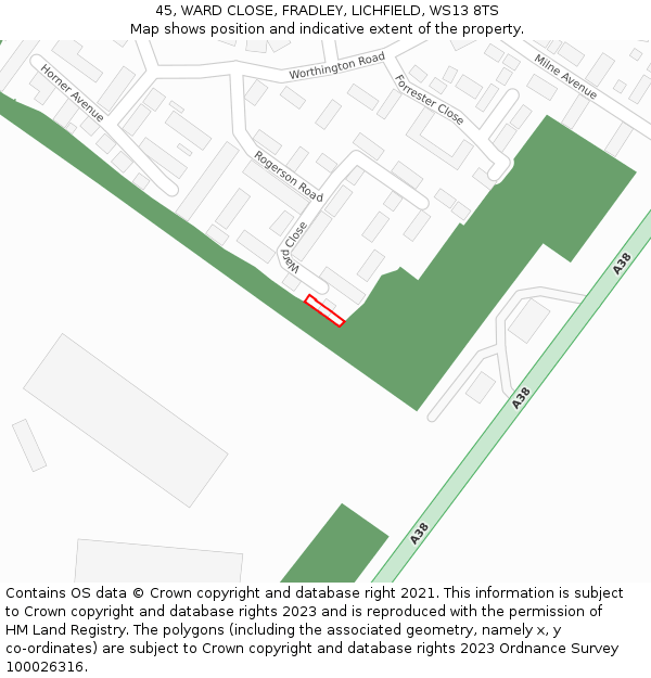 45, WARD CLOSE, FRADLEY, LICHFIELD, WS13 8TS: Location map and indicative extent of plot