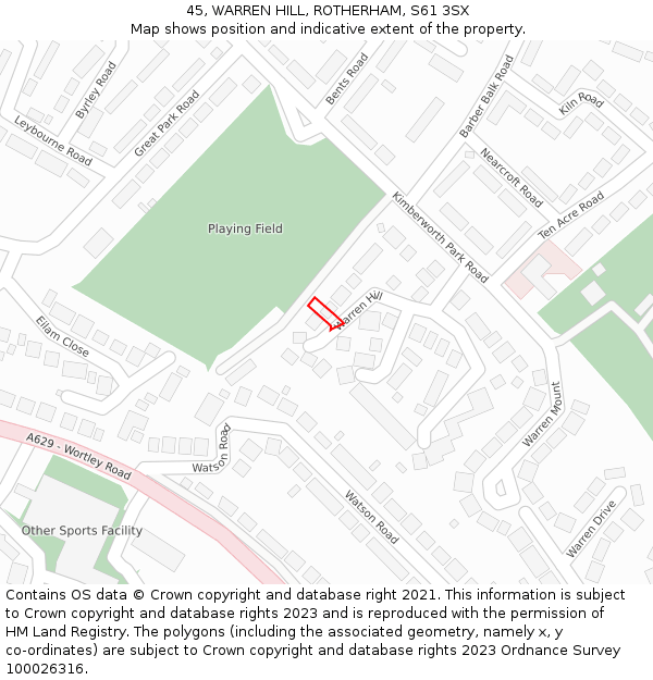 45, WARREN HILL, ROTHERHAM, S61 3SX: Location map and indicative extent of plot