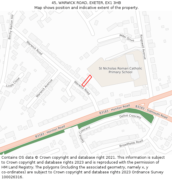 45, WARWICK ROAD, EXETER, EX1 3HB: Location map and indicative extent of plot