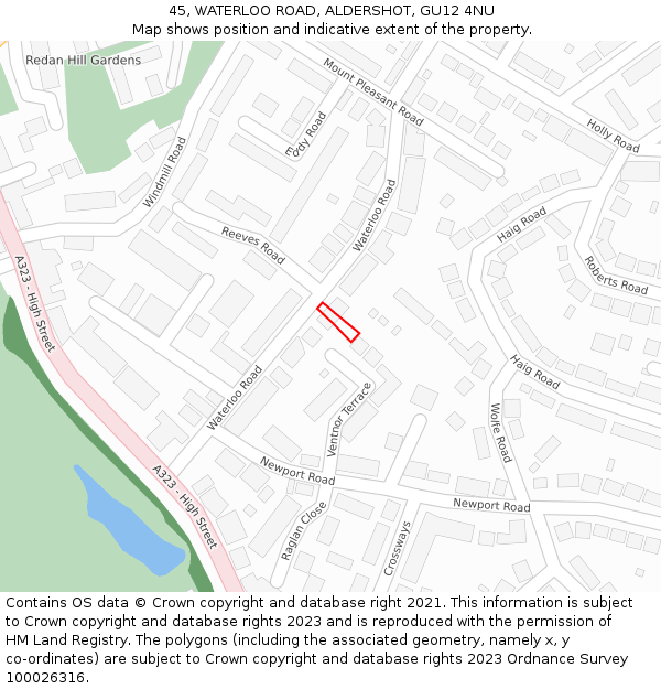 45, WATERLOO ROAD, ALDERSHOT, GU12 4NU: Location map and indicative extent of plot