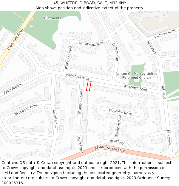 45, WHITEFIELD ROAD, SALE, M33 6NY: Location map and indicative extent of plot