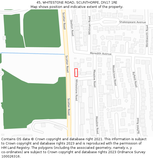 45, WHITESTONE ROAD, SCUNTHORPE, DN17 1RE: Location map and indicative extent of plot