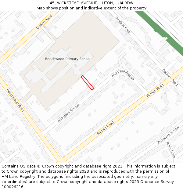 45, WICKSTEAD AVENUE, LUTON, LU4 9DW: Location map and indicative extent of plot