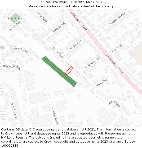 45, WILLOW ROAD, BEDFORD, MK42 0QU: Location map and indicative extent of plot