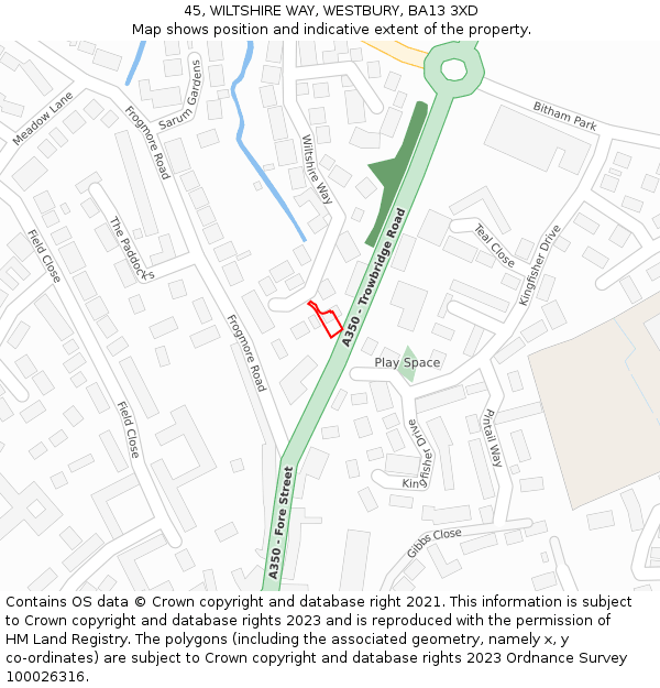 45, WILTSHIRE WAY, WESTBURY, BA13 3XD: Location map and indicative extent of plot