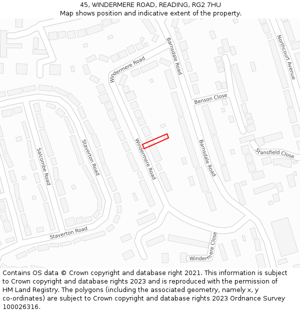 45, WINDERMERE ROAD, READING, RG2 7HU: Location map and indicative extent of plot