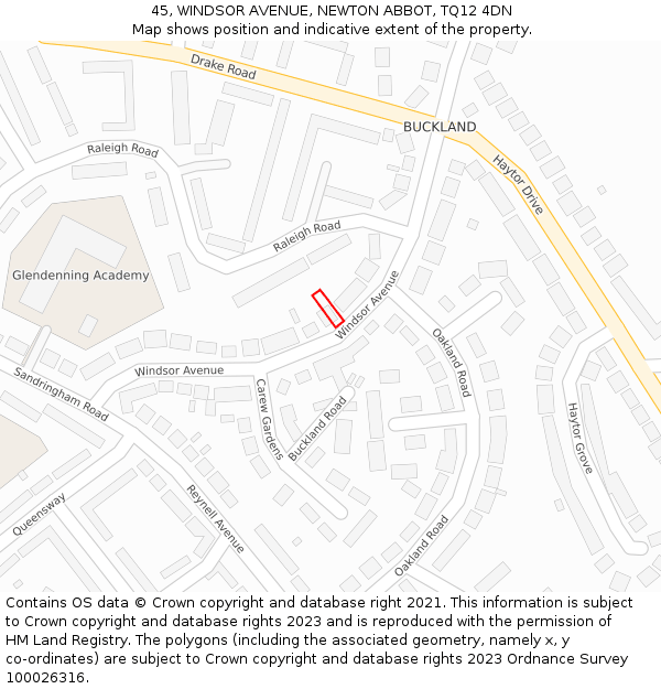 45, WINDSOR AVENUE, NEWTON ABBOT, TQ12 4DN: Location map and indicative extent of plot