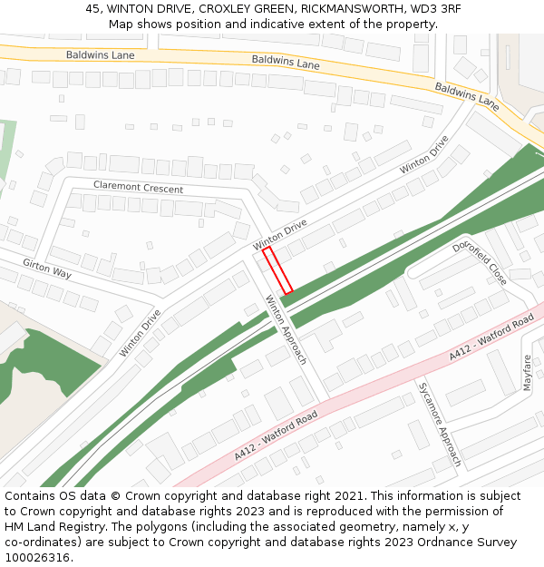 45, WINTON DRIVE, CROXLEY GREEN, RICKMANSWORTH, WD3 3RF: Location map and indicative extent of plot