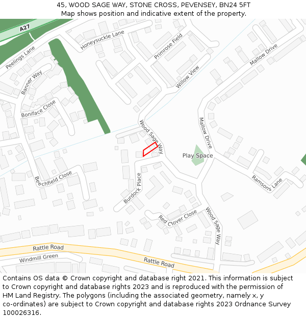 45, WOOD SAGE WAY, STONE CROSS, PEVENSEY, BN24 5FT: Location map and indicative extent of plot